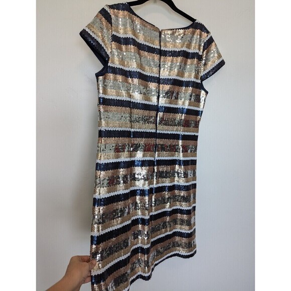 Vince Camuto Sequin Dress Womens Size 12 Navy Blue Gold Stripe - Picture 6 of 12